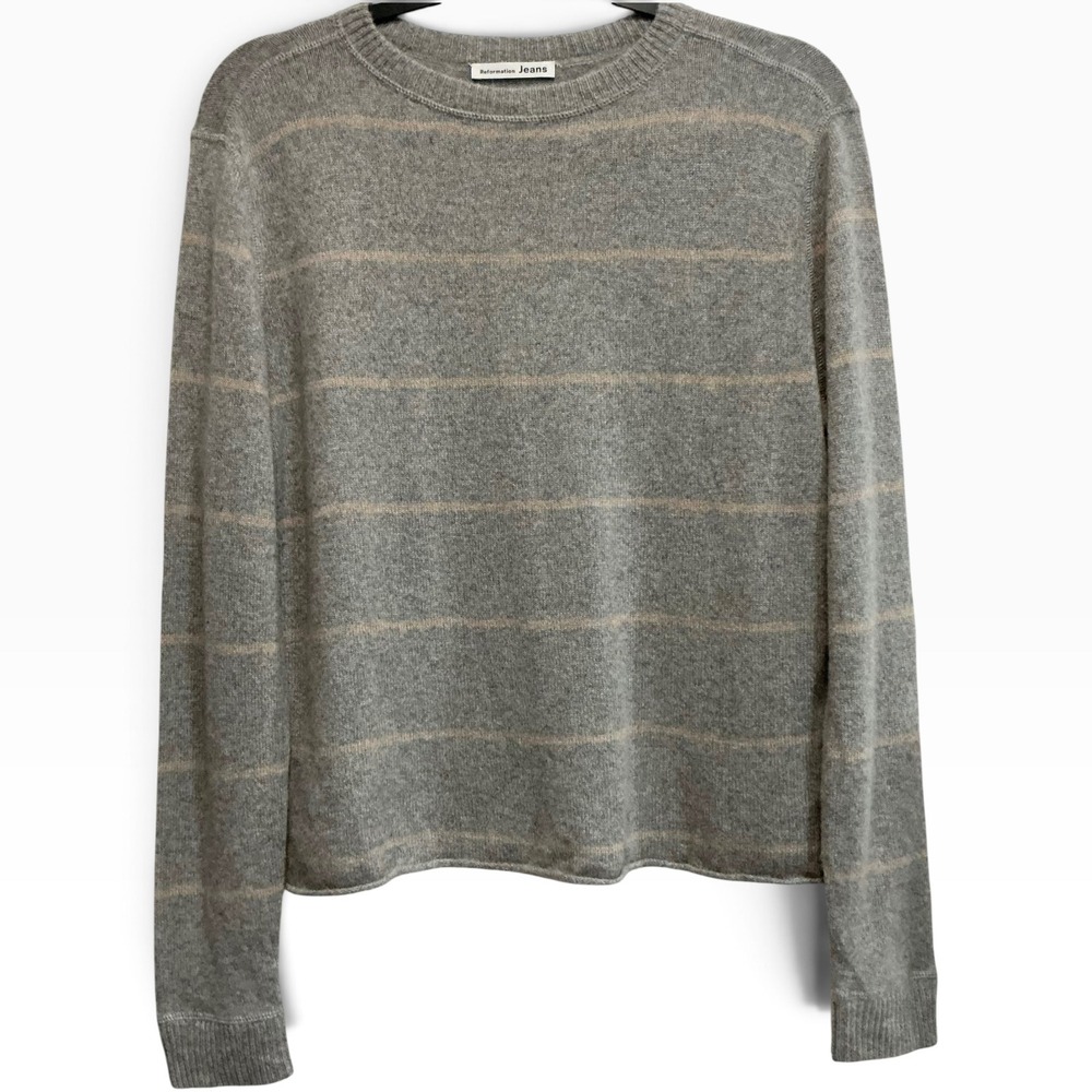 Reformation Cashmere Oversized Striped Boyfriend Sweater Grey Tan XS